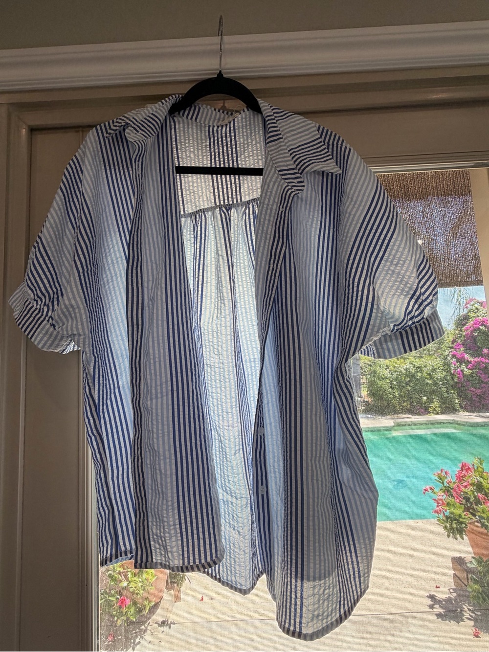 Blue and White Striped Short-Sleeve Women’s shirt